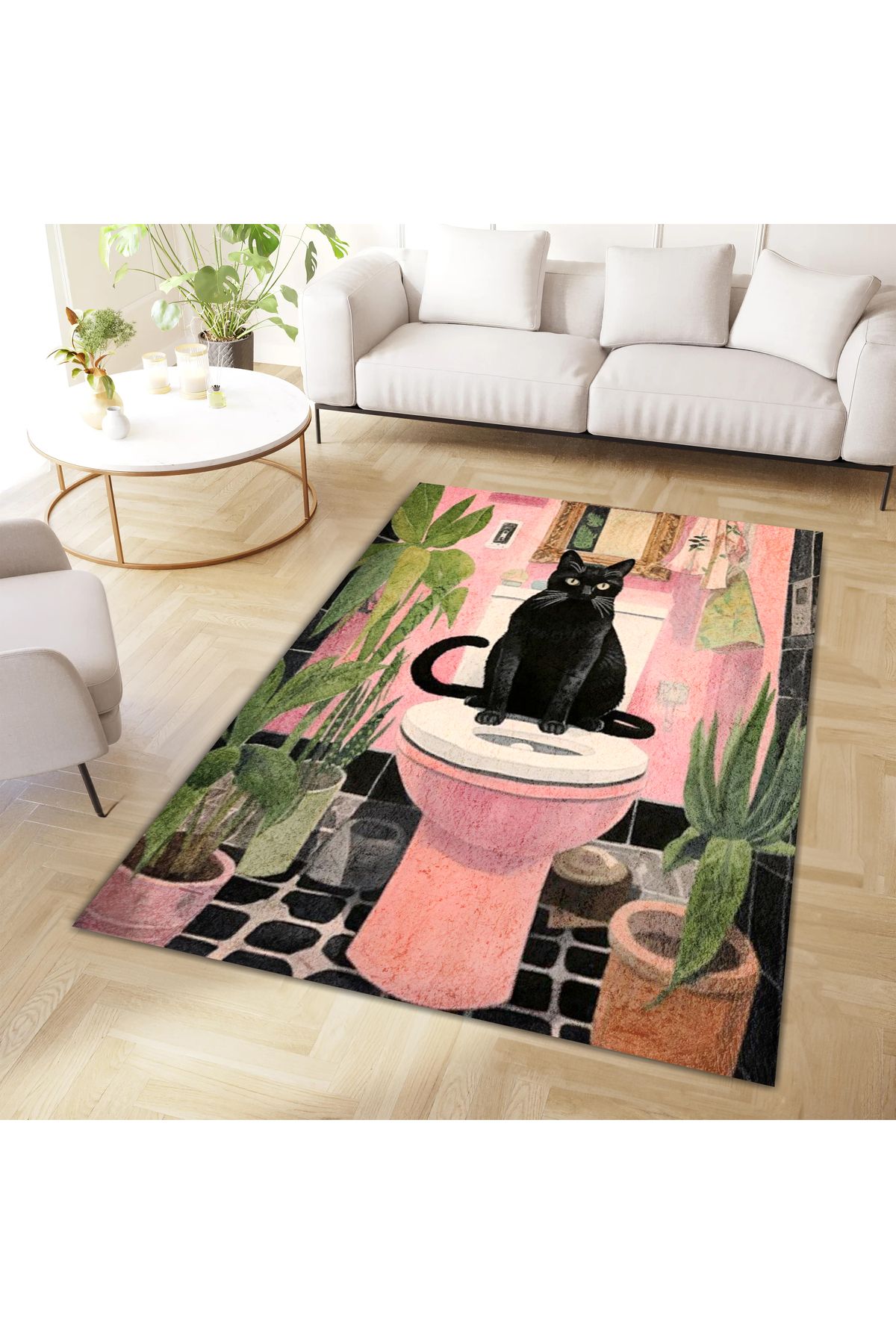 Kuzey Koleksiyonu Pembe Banyoda Siyah Kedi Desenli Dokuma Taban Dekoratif Halı Kuzey29