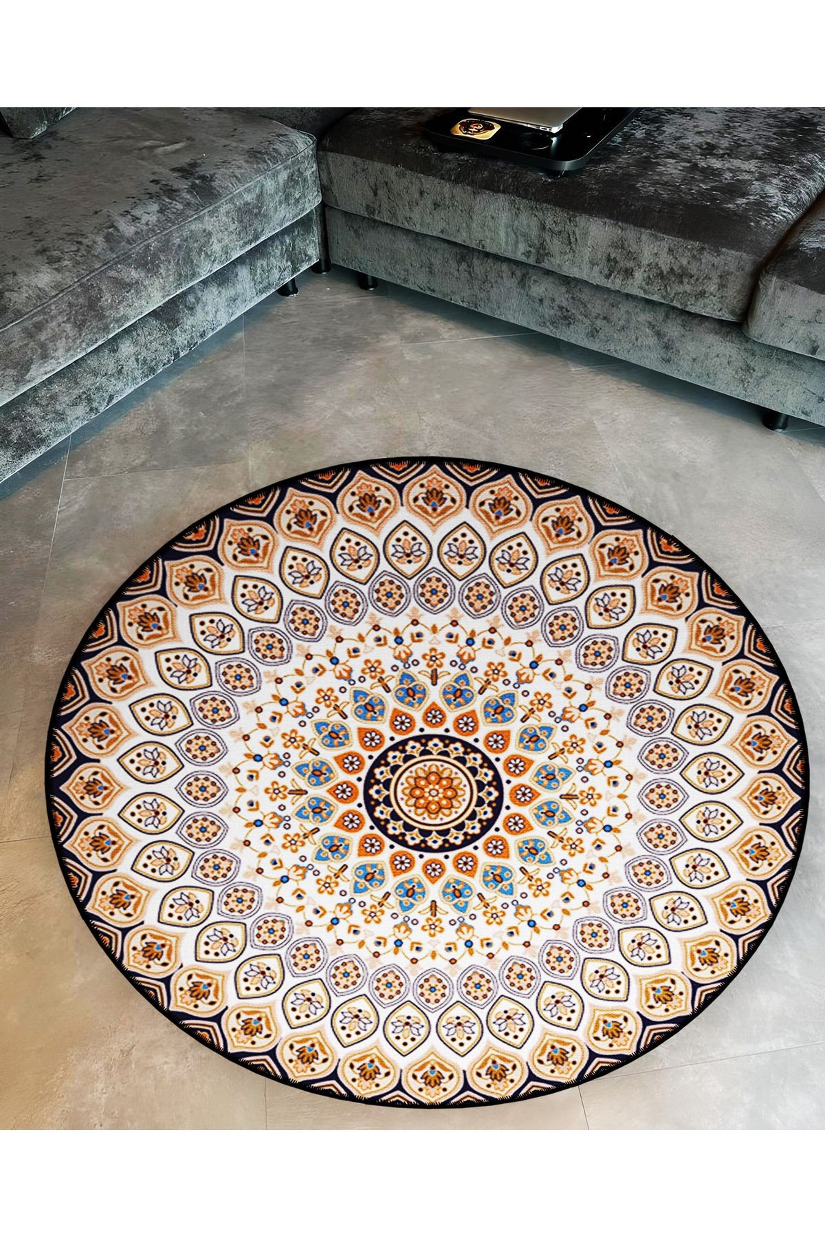 Mira Yuvarlak Bej Etnik Desen Detaylı Dokuma Taban Modern Dekoratif Halı 5692