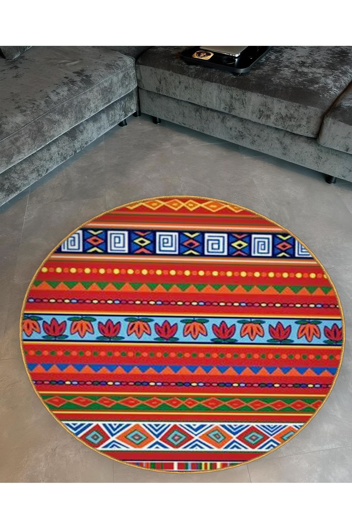 Mira Yuvarlak Turuncu Çok Renkli Motif Detaylı Dokuma Taban Modern Dekoratif Halı 5617