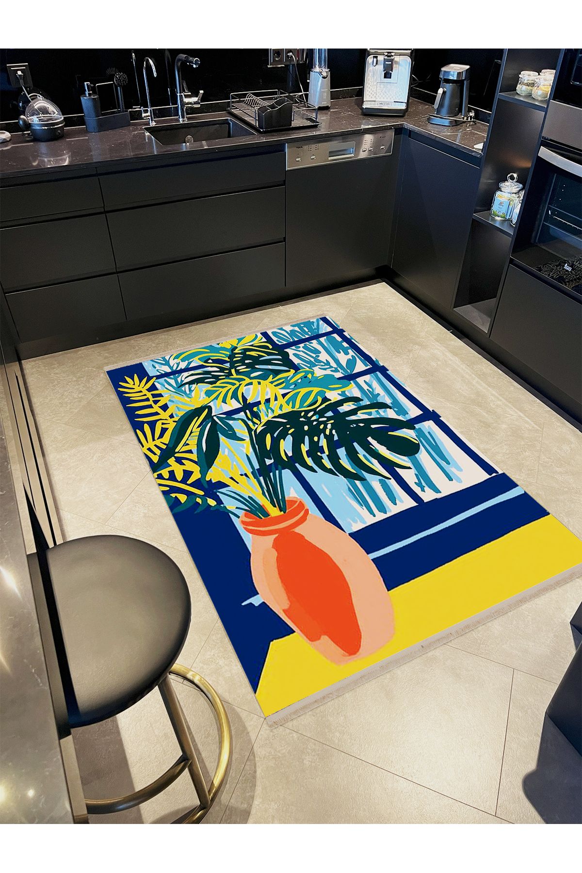 Yılmaz Koleksiyonu Sarı Lacivert Temalı Pencere ve Saksı Desenli Kreatif Modern Dekoratif Halı 25