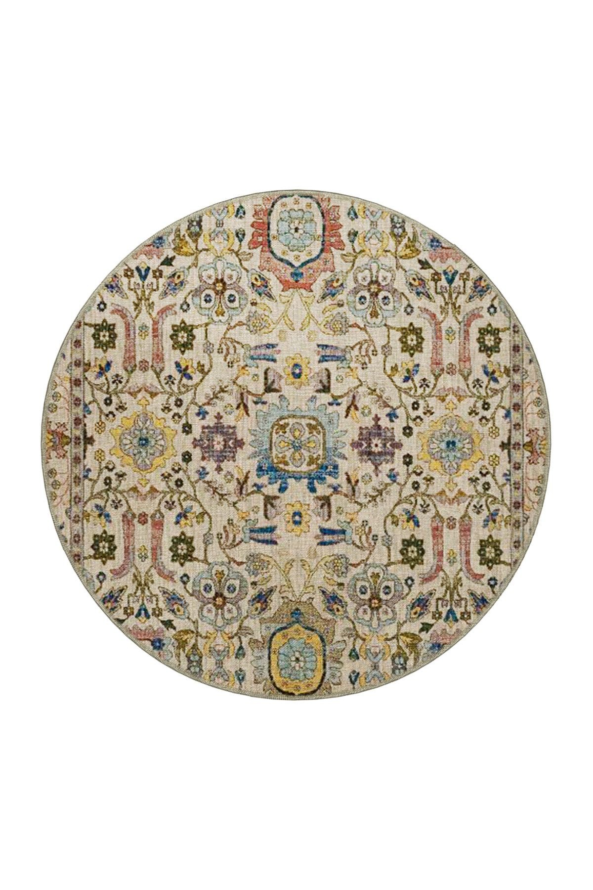 Bej Temalı Çok Renkli Motifli Etnik Çiçek Desenli Vintage Dekoratif Halı 4502