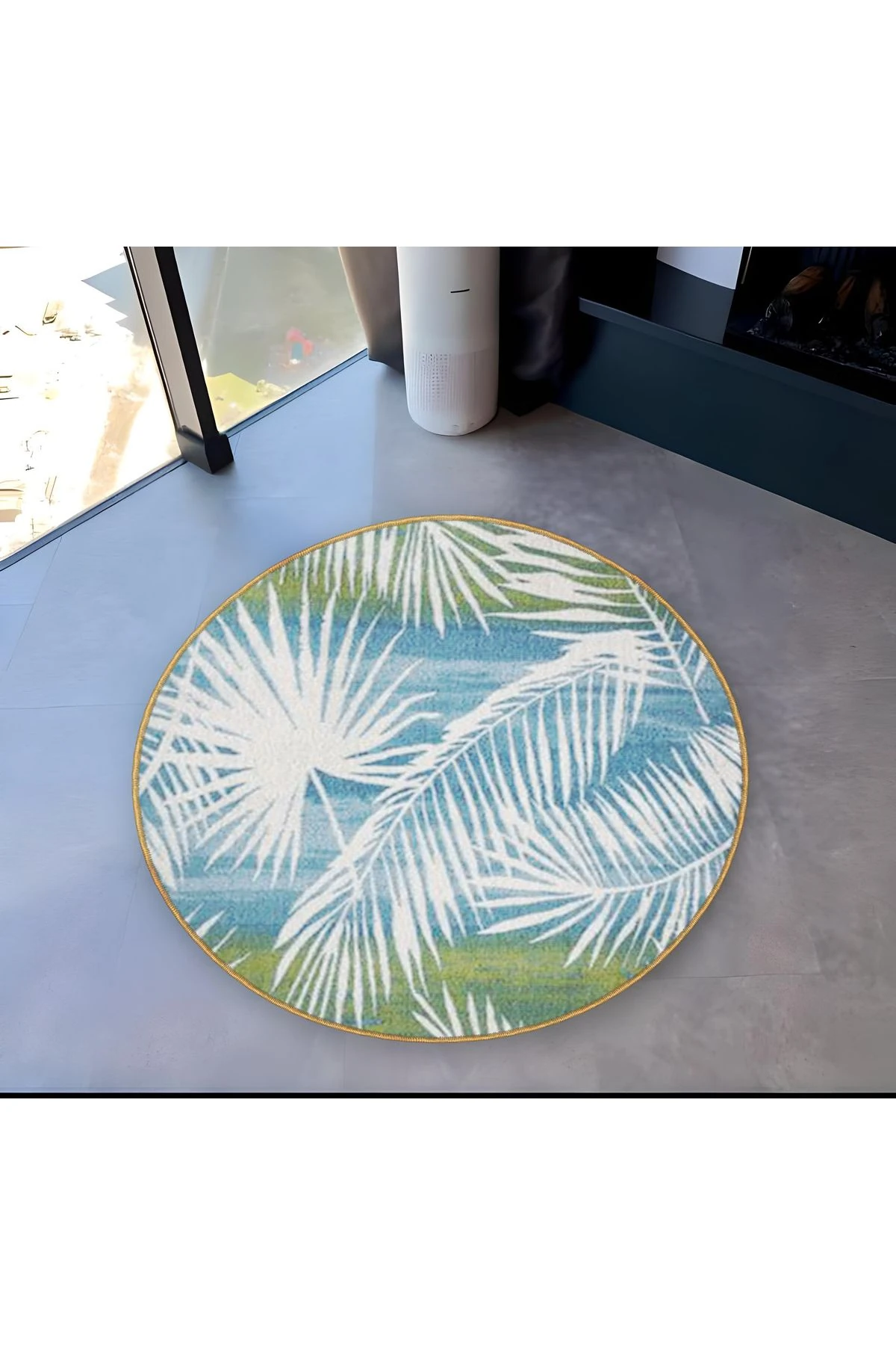 Mira Yuvarlak Mavi Yeşil Tonlarda Tropikal Yaprak Desenli Dokuma Taban Modern Dekoratif Halı 5599