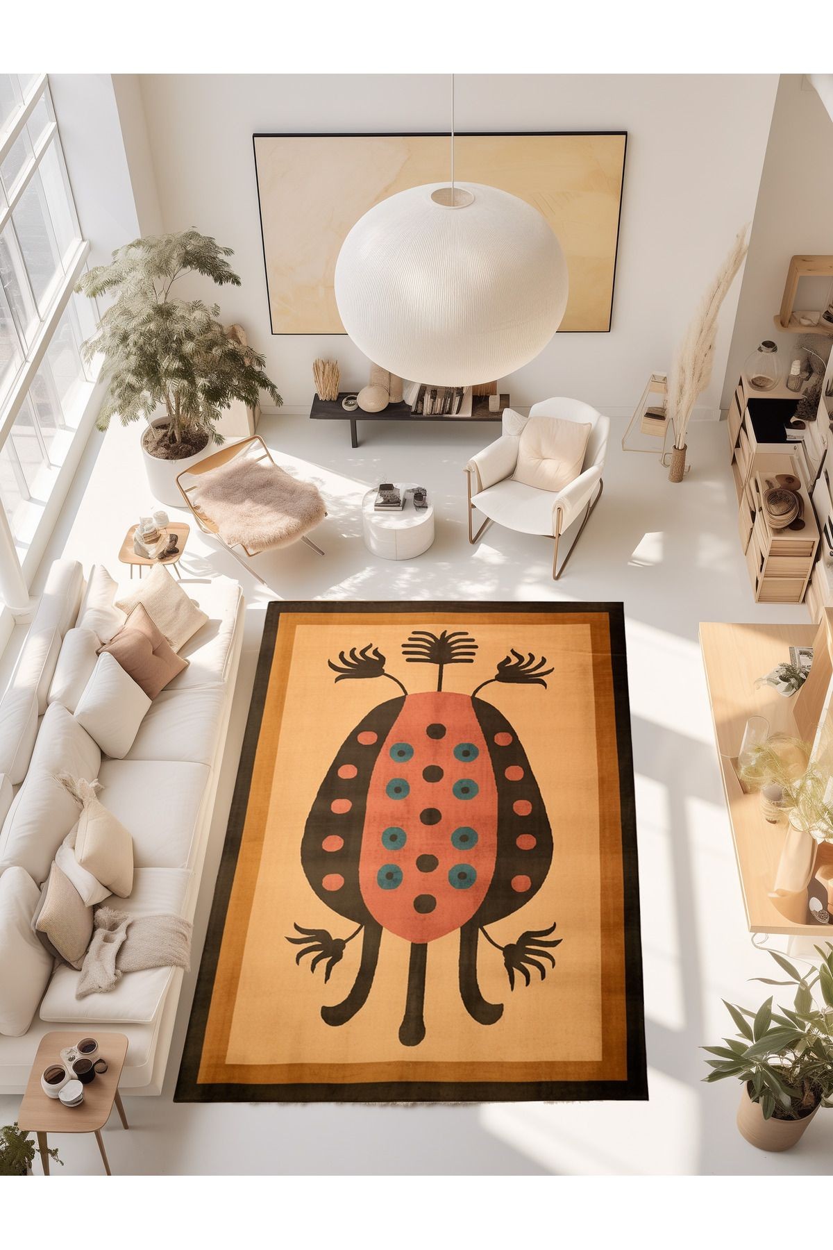 Dido Koleksiyonu Pembe Temalı Böcek Desenli Modern Dekoratif Halı 3377