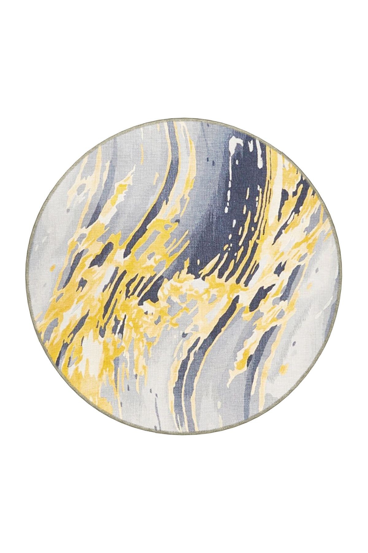 Gri Sarı Temalı Soyut Boya Sıçratma Desenli Modern Dekoratif Halı 3994