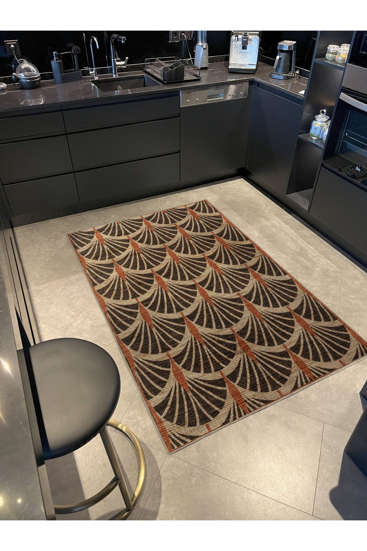 Kahve Gri Temalı Spiral Şekil Desenli Modern Dekoratif Halı 2145