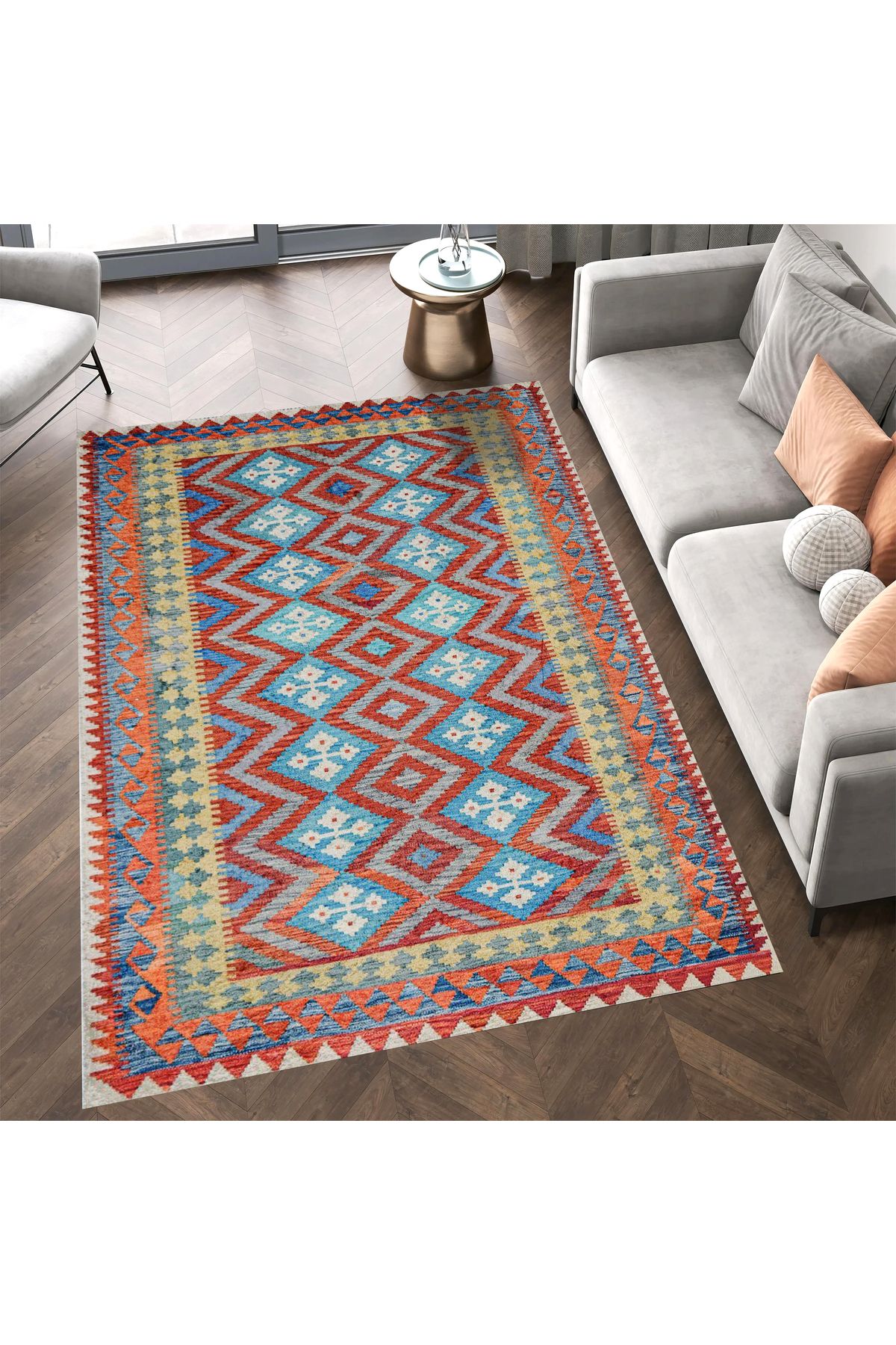 Mete Koleksiyonu Mavi ve Kırmızı Temalı Etnik Geometrik Motif Desenli Vintage Dekoratif Halı 22