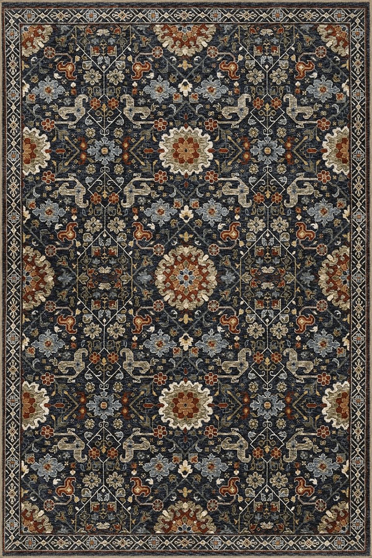 Lacivert Temalı Çok Renkli Çiçek Motifli Etnik Desenli Vintage Dekoratif Halı 3950