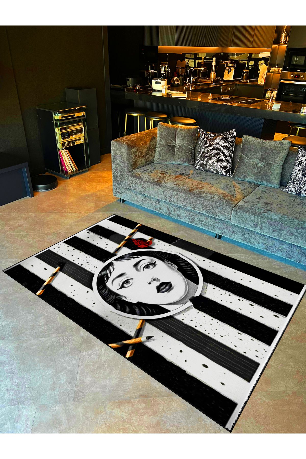Siyah Beyaz Çizgi Temalı Yüz ve Kalem Desenli Dokuma Taban Halı ve Yıkanabilir Halı miraface06