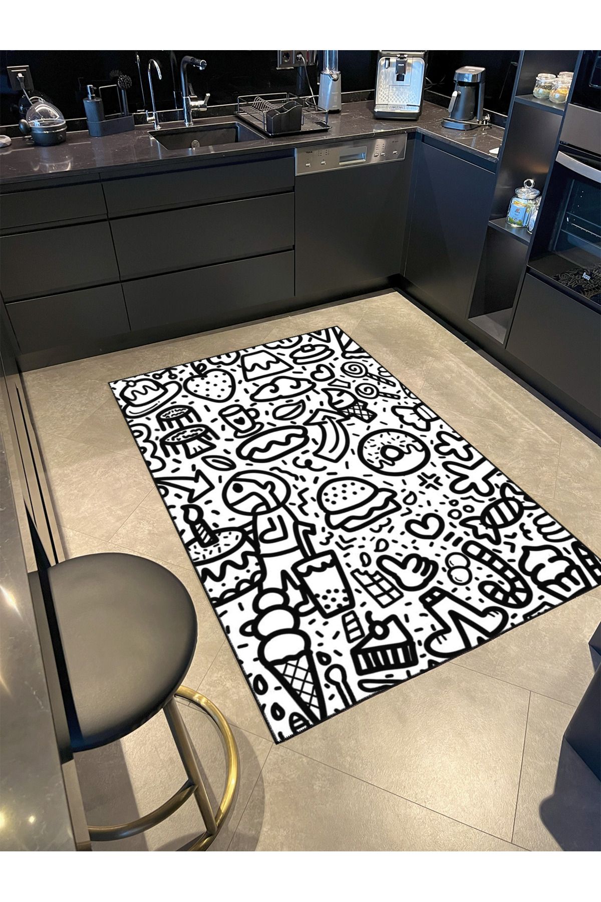 Siyah Beyaz Temalı Geometrik Desenli Dokuma Taban Halı ve Yıkanabilir Halı miravip10078