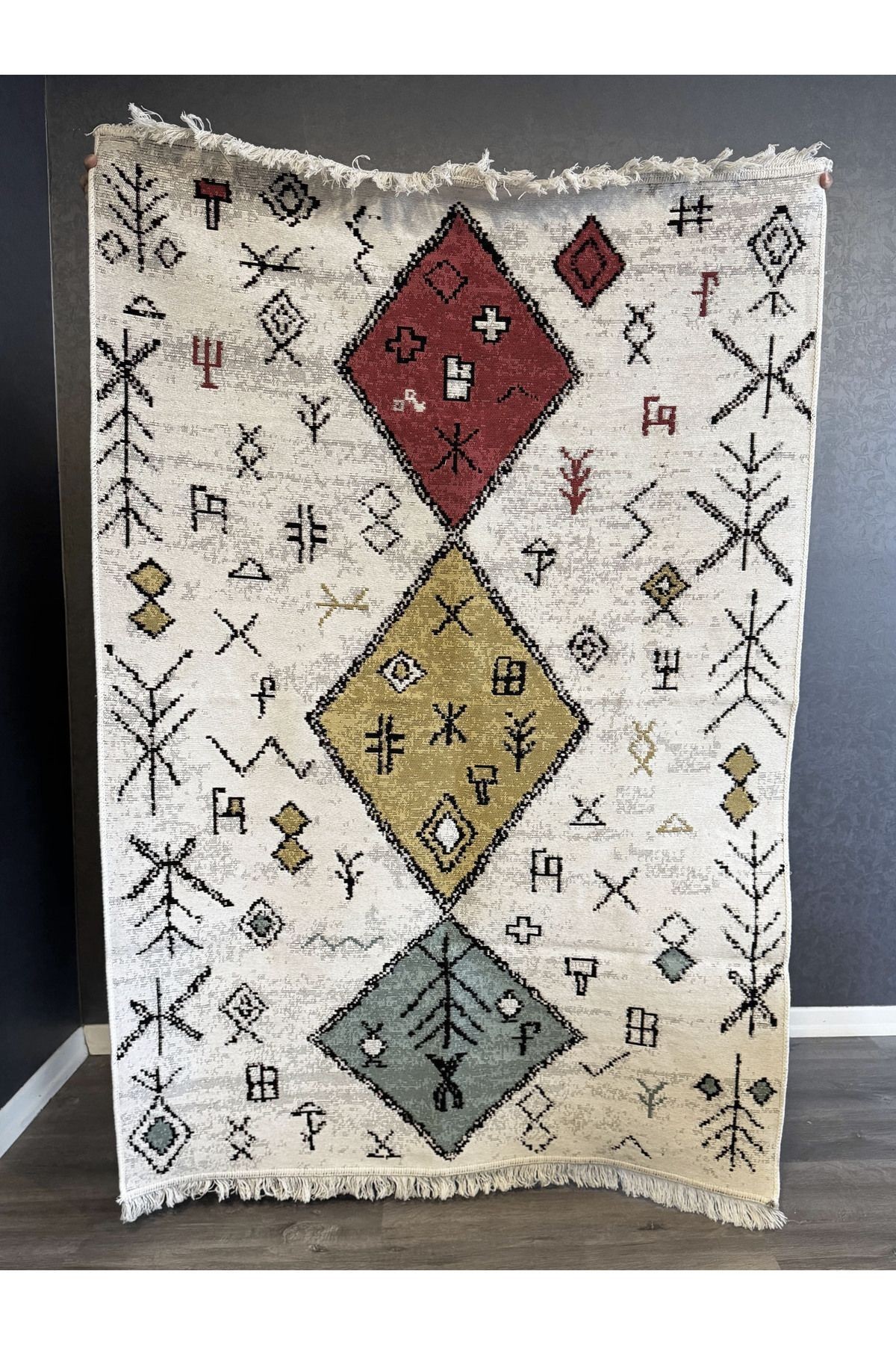 Alara Koleksiyonu Kırmızı Sarı Mavi Ve Siyah Kırmızı Çift Taraflı Pamuk Dokuma Saçaklı Kilim alara02
