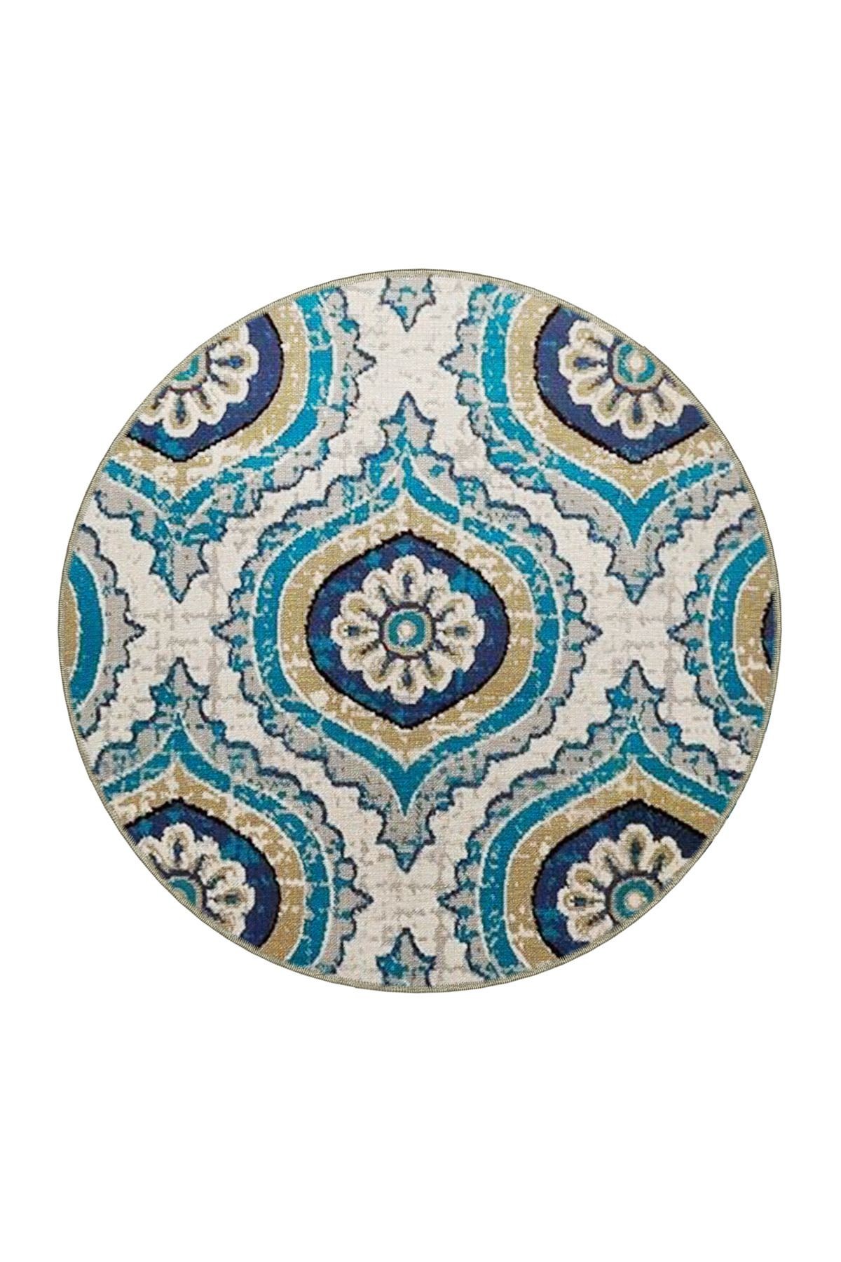 Bej Mavi Temalı Suzani Motifli Etnik Desenli Vintage Dekoratif Halı 4726