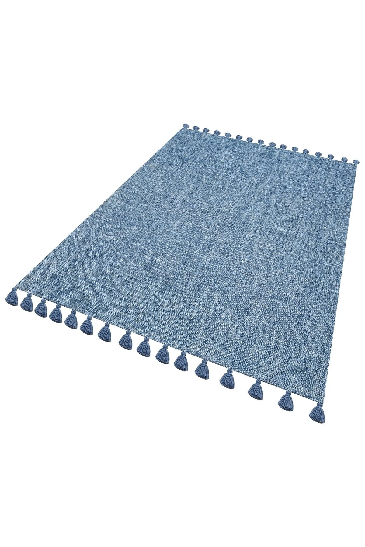 Moroccan 9007 Mavi Renkli Hasır Görünüm Mavi Püsküllü Modern Kilim