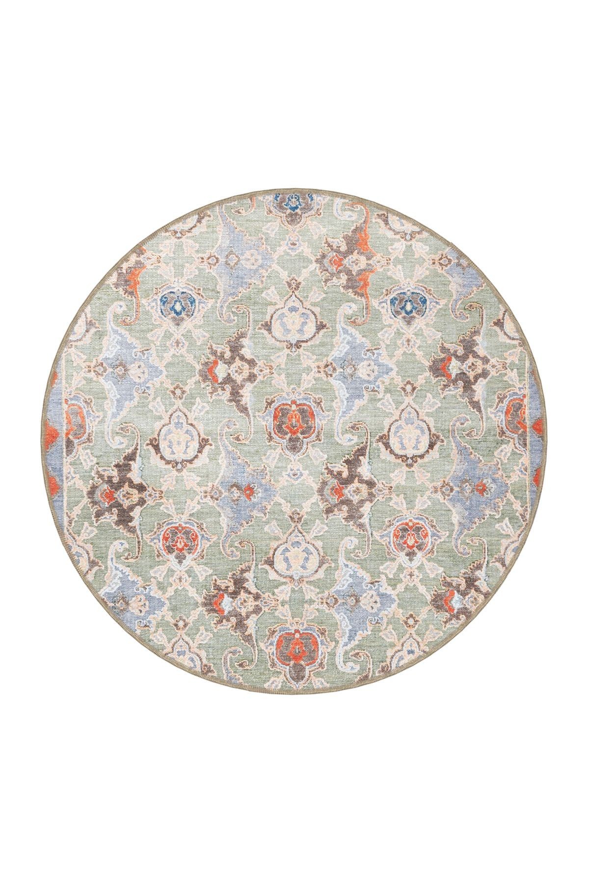 Yeşil Turuncu Temalı Geleneksel Motif Çiçek Desenli Vintage Dekoratif Halı 3423