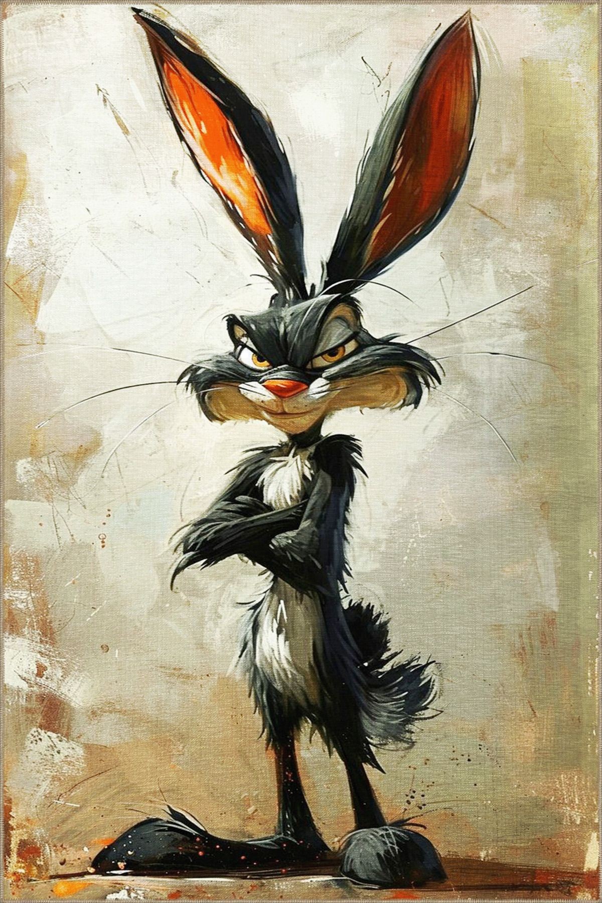 Gri Bej Temalı Sürrealist Tasarım Bugs Bunny Tavşan Desenli Modern Dekoratif Halı 3469