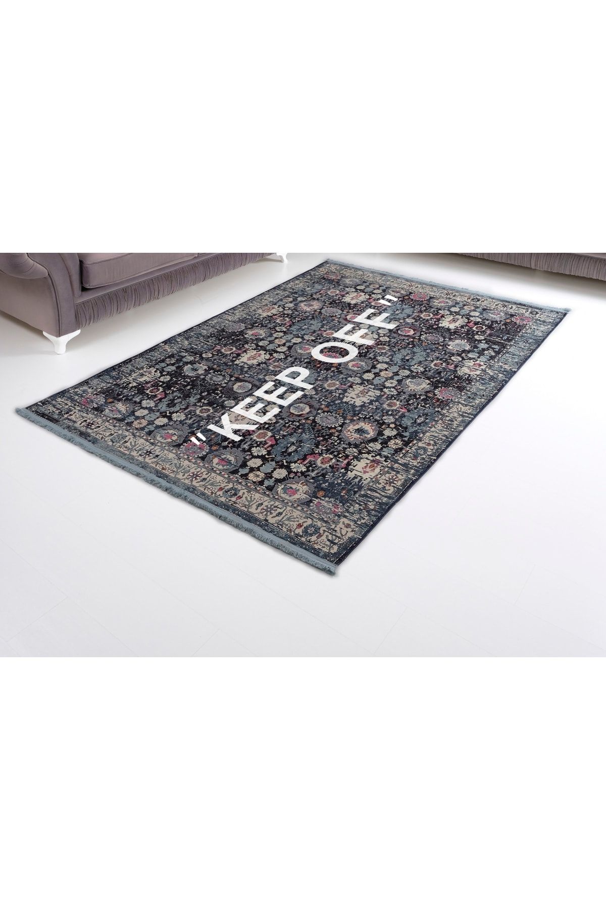 Keep Off Mira 2105 Vintage Lacivert Desenli Dokuma Taban Halı