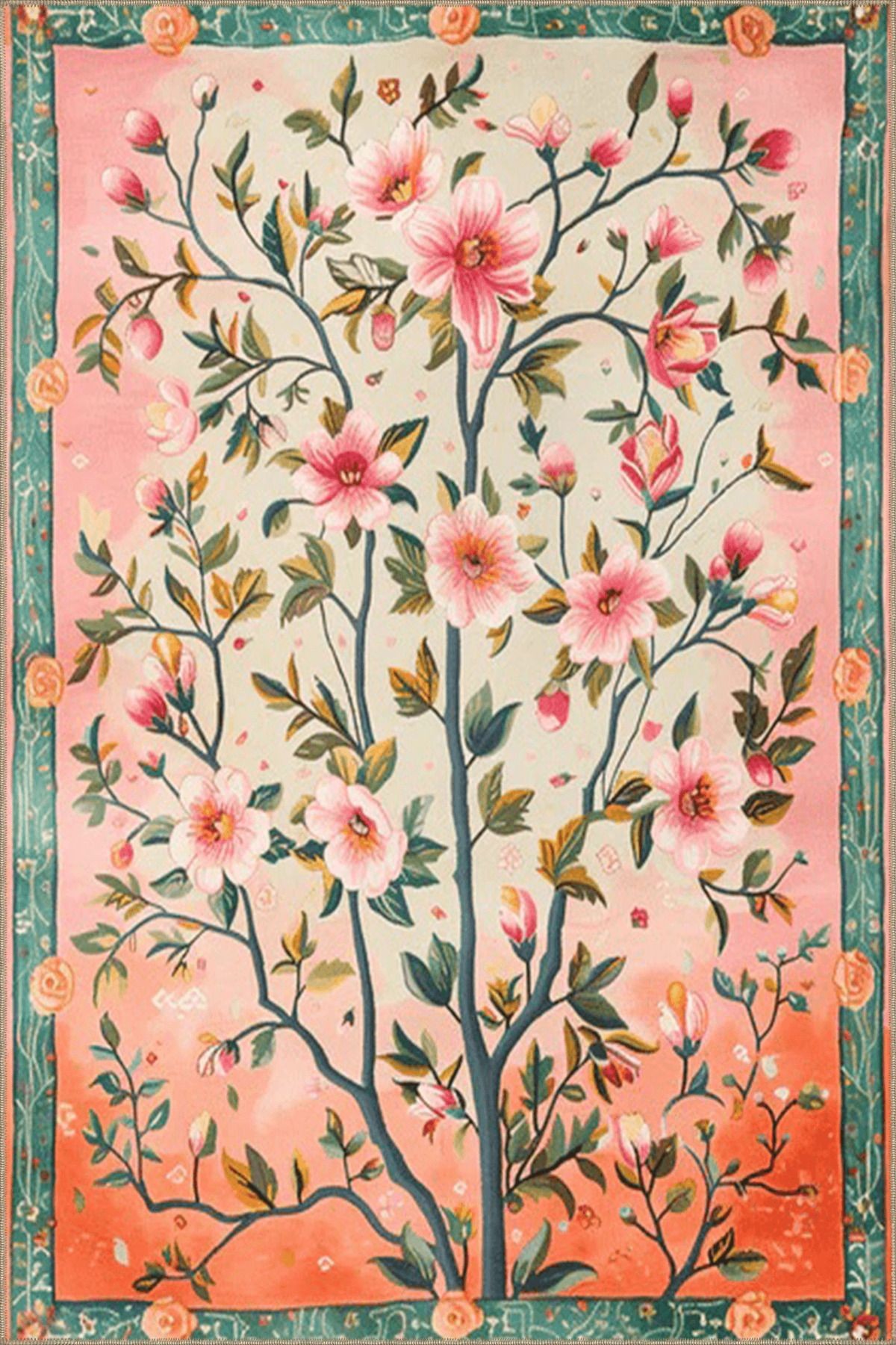 Paris Koleksiyonu Pembe Tonlar Floral Çiçek Ağacı Desenli Kreatif Modern Dekoratif Halı 147