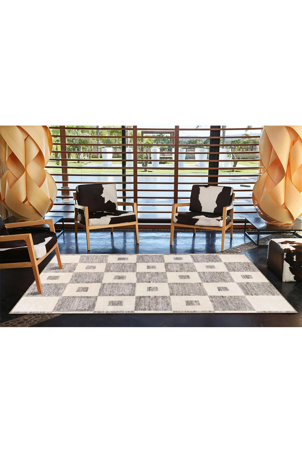 Kareli Gri Krem Renkli Geometrik Çizgli Motifli Modern Dekoratif Halı miravip1020