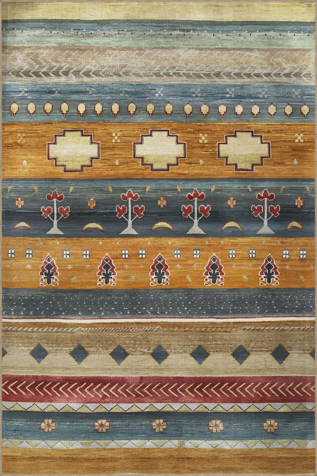 Sarı Mavi Temalı Çok Renkli Şerit Bölme Karma Şekil Desenli Modern Dekoratif Halı 2282