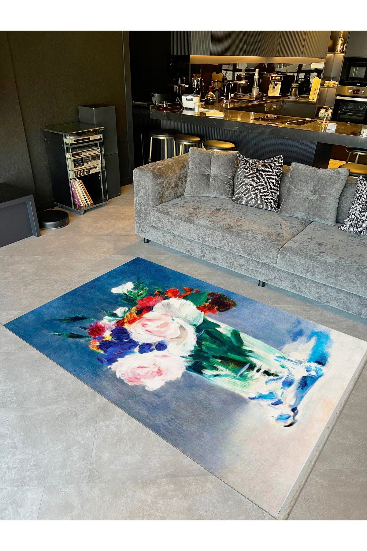 Yılmaz Koleksiyonu Pastel Renkler Mavi Tema Vazo ve Çiçekler Desenli Modern Dekoratif Halı 45