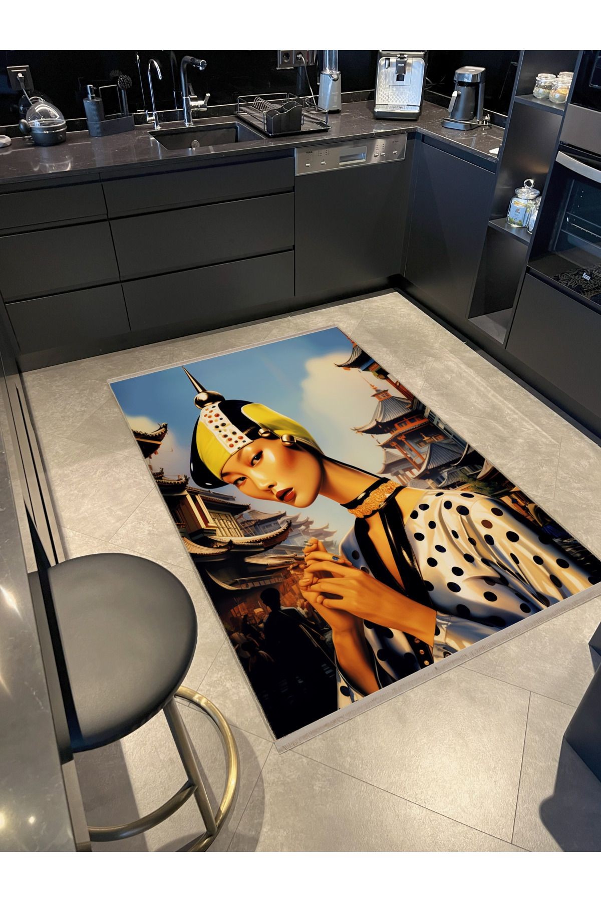 Dido 2 Koleksiyonu Çok Renkli Kadın Portre Desenli Saçaklı Modern Dekoratif Halı 3272
