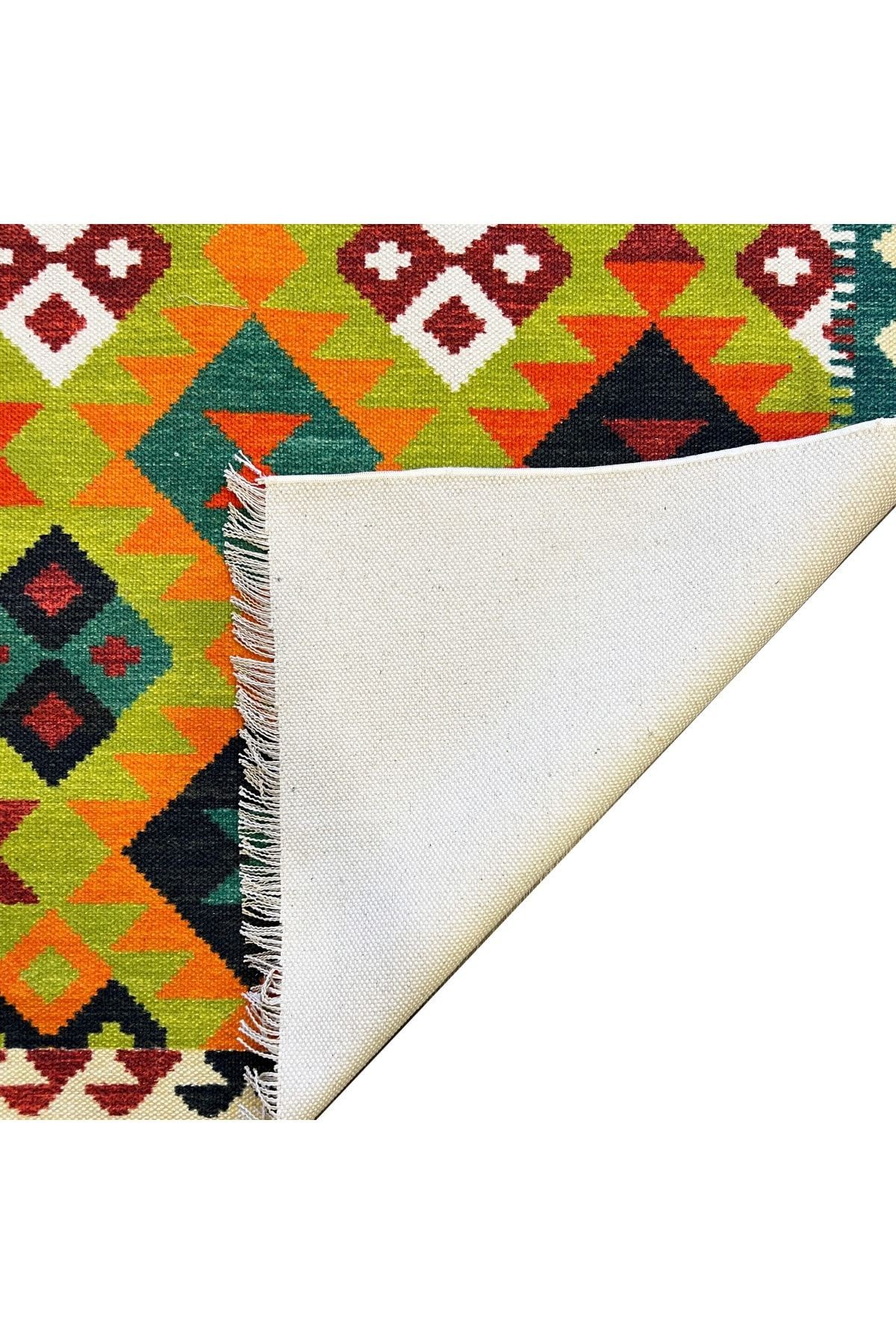 Cotton 563 Etnik Eskitme Desenli Dokuma Taban Çok Renkli Kilim