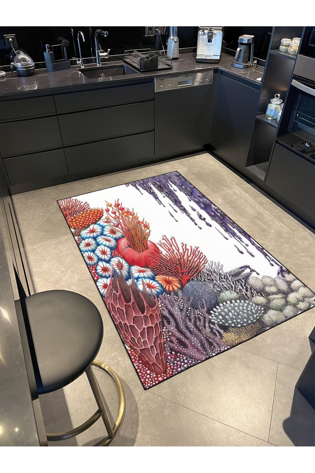 Beyaz Tonlu Deniz Dibi Canlı Desenli Dekoratif Yıkanabilir Halı miravip8457