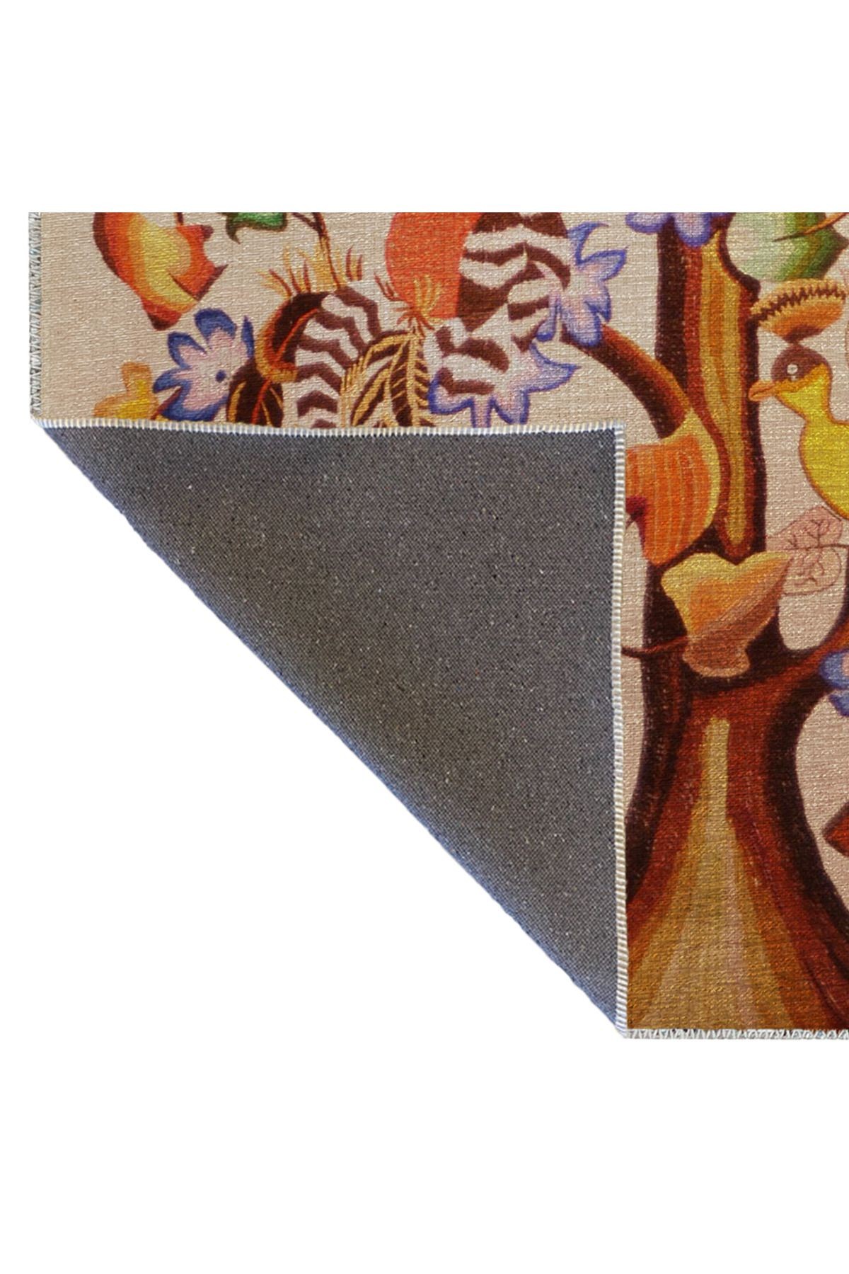 Bej Temalı Soyut Ağaç ve Çiçek Desenli Kreatif Vintage Dekoratif Halı 2886