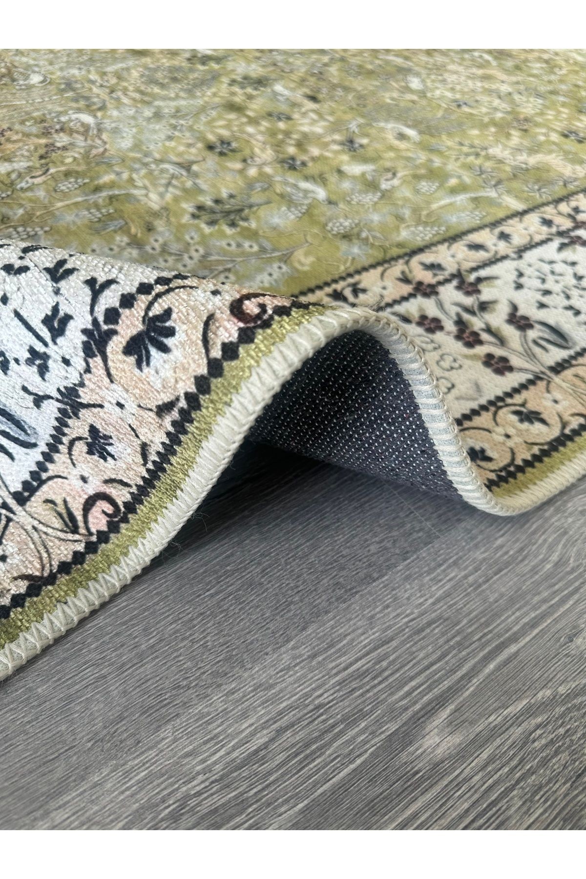 Yeşil Bej Temalı Geleneksel Motif Etnik Çiçek Desenli Kreatif Vintage Dekoratif Halı 2782