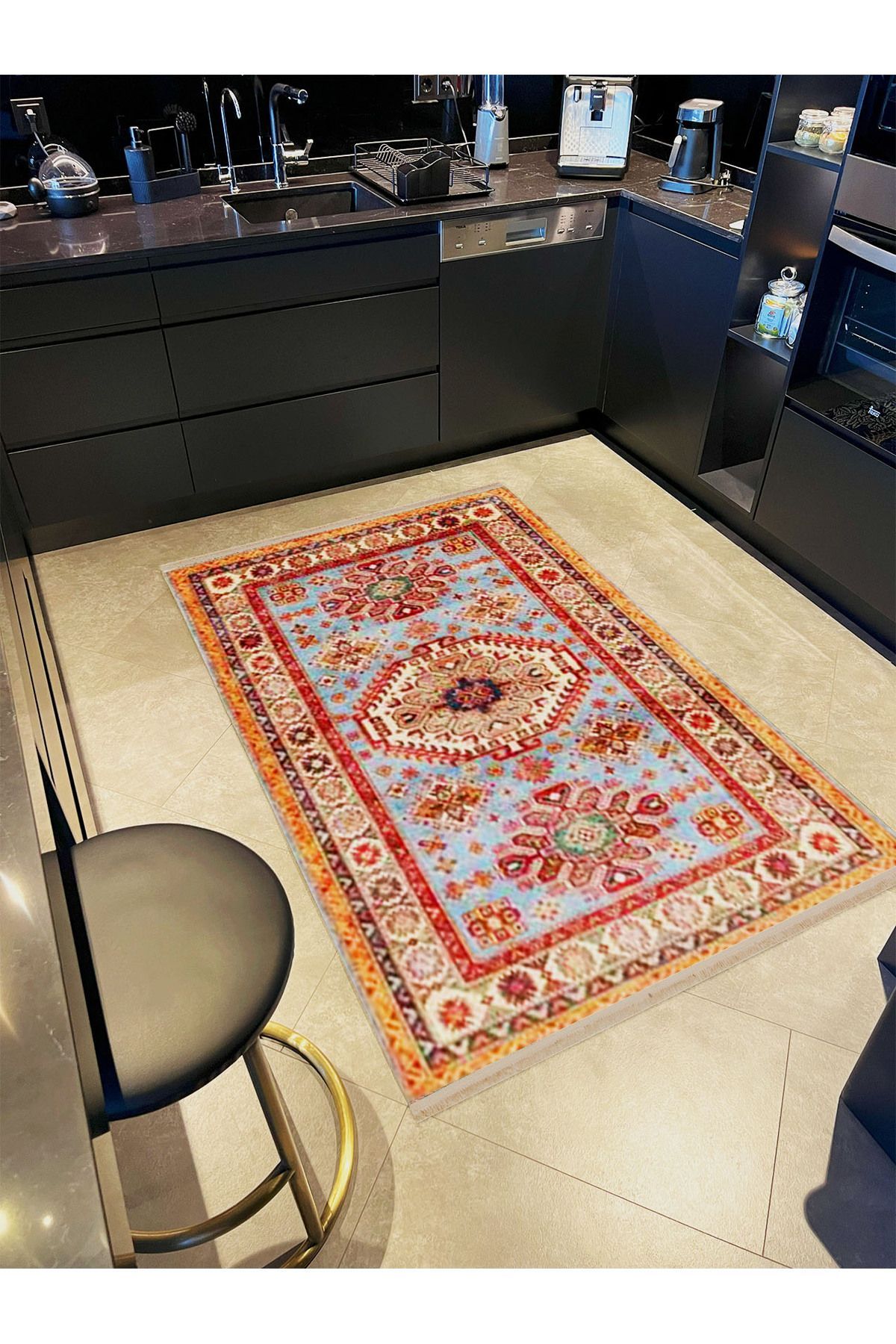 İnci Koleksiyonu Açık Mavi Bej Tema Geleneksel Desenli Dokuma Taban Vintage Dekoratif Halı inci12