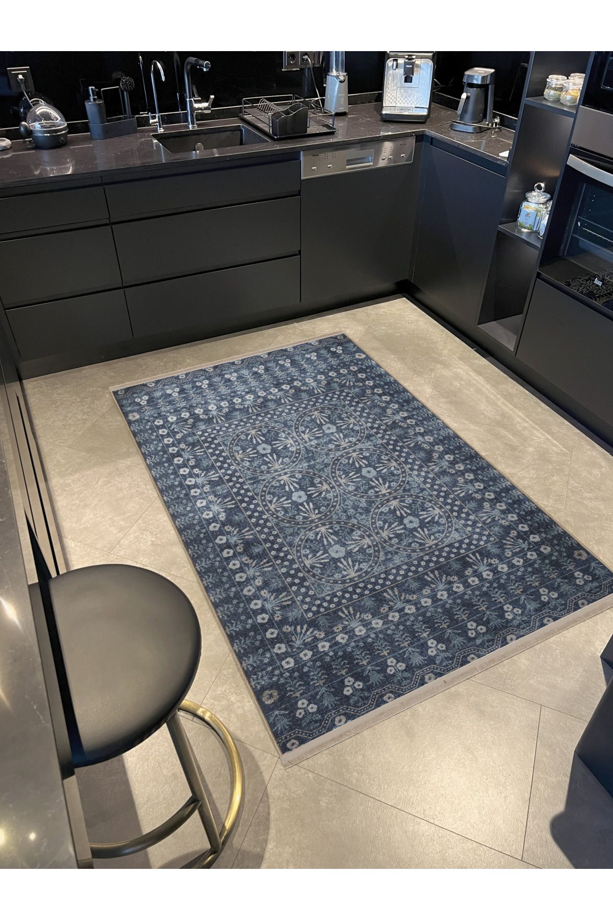 Lacivert Temalı Motifli Çiçek Desenli Vintage Dekoratif Halı 2869