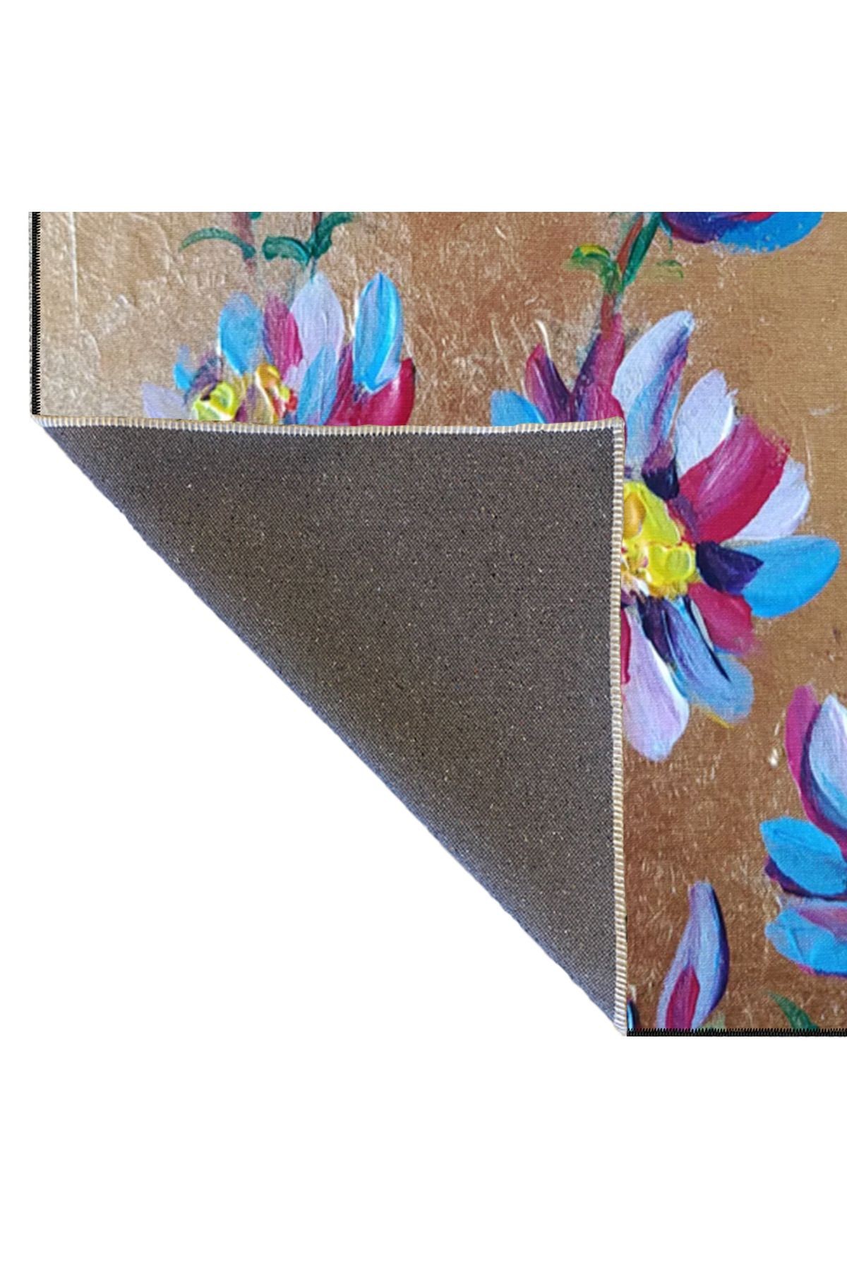 Floral Çiçek Temalı Dokuma Taban Yıkanabilir Halı miravip8769