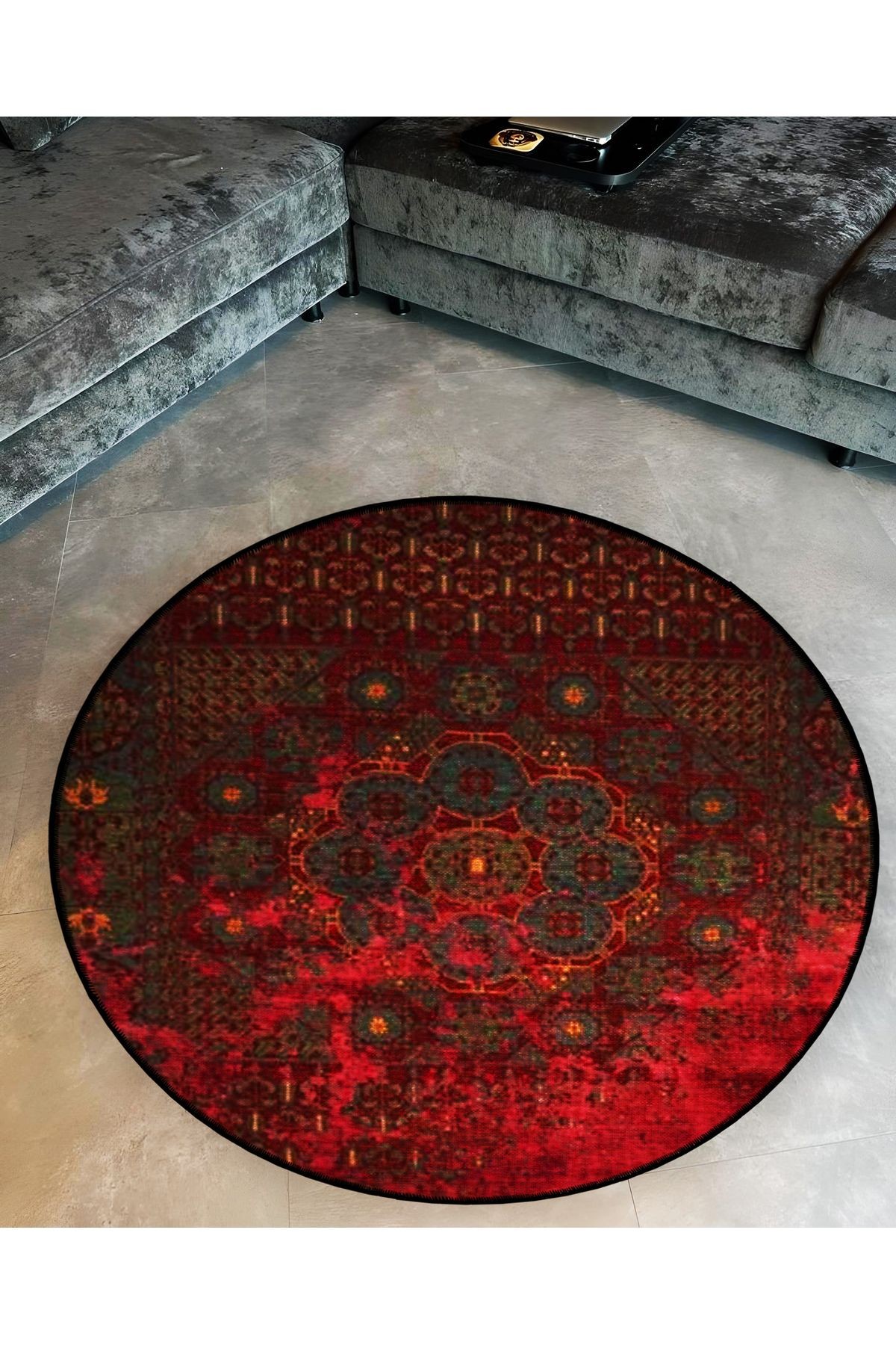Bordo Temalı Motifli Geleneksel Desenli Yuvarlak Dokuma Taban Vintage Dekoratif Halı 6150