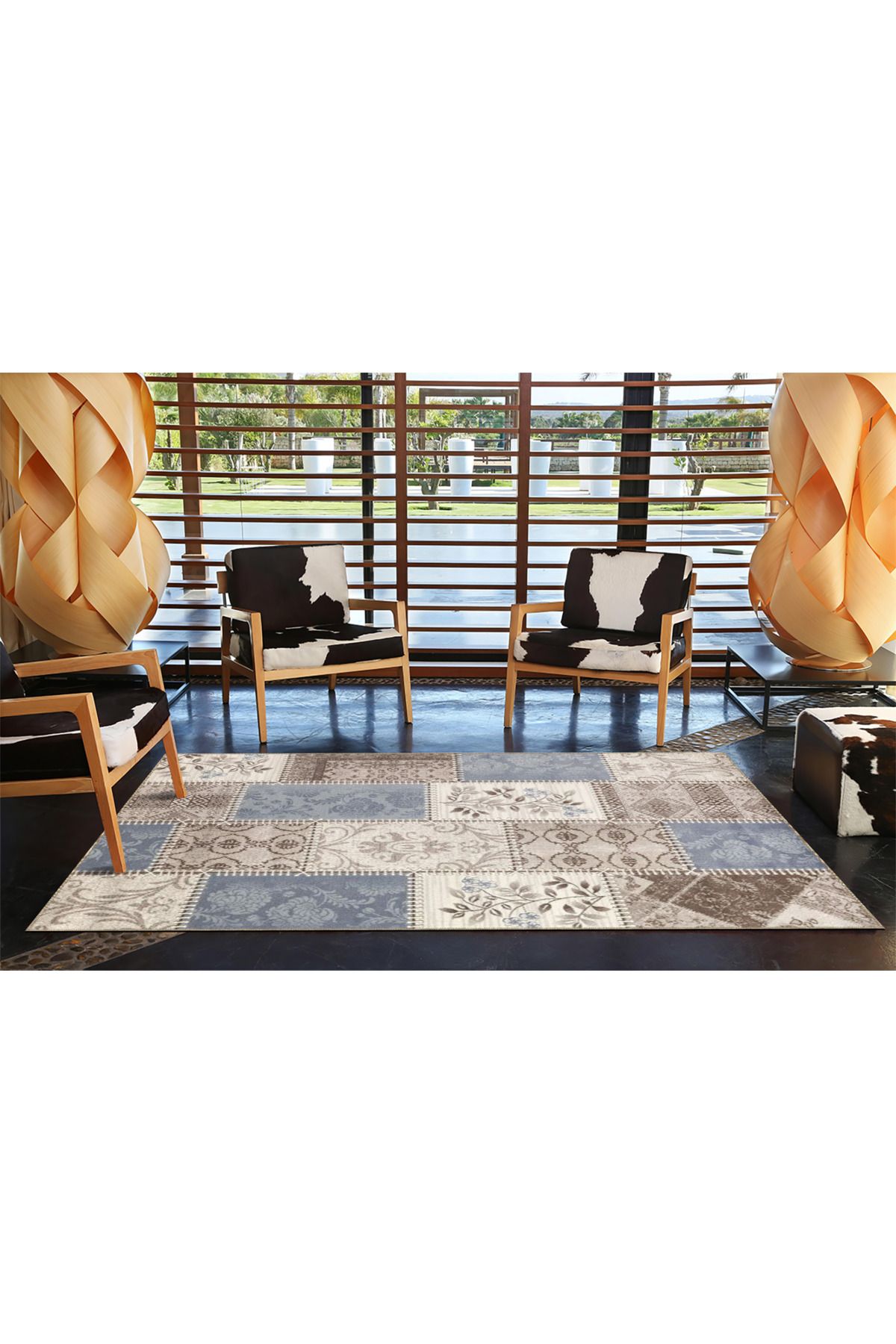 Mavi Gri Geometrik Soyut Desenli Dokuma Taban Halı 4433