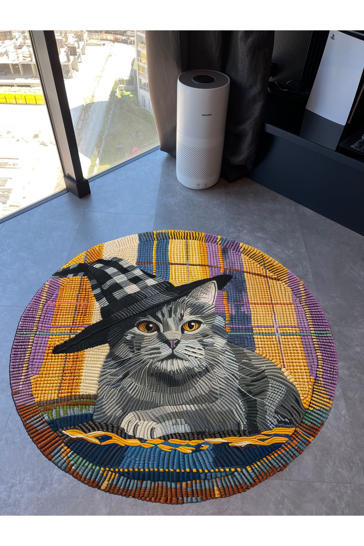 Paris Koleksiyonu Yuvarlak Şapkalı Kedi Desenli Dokuma Taban Modern Dekoratif Halı paris05