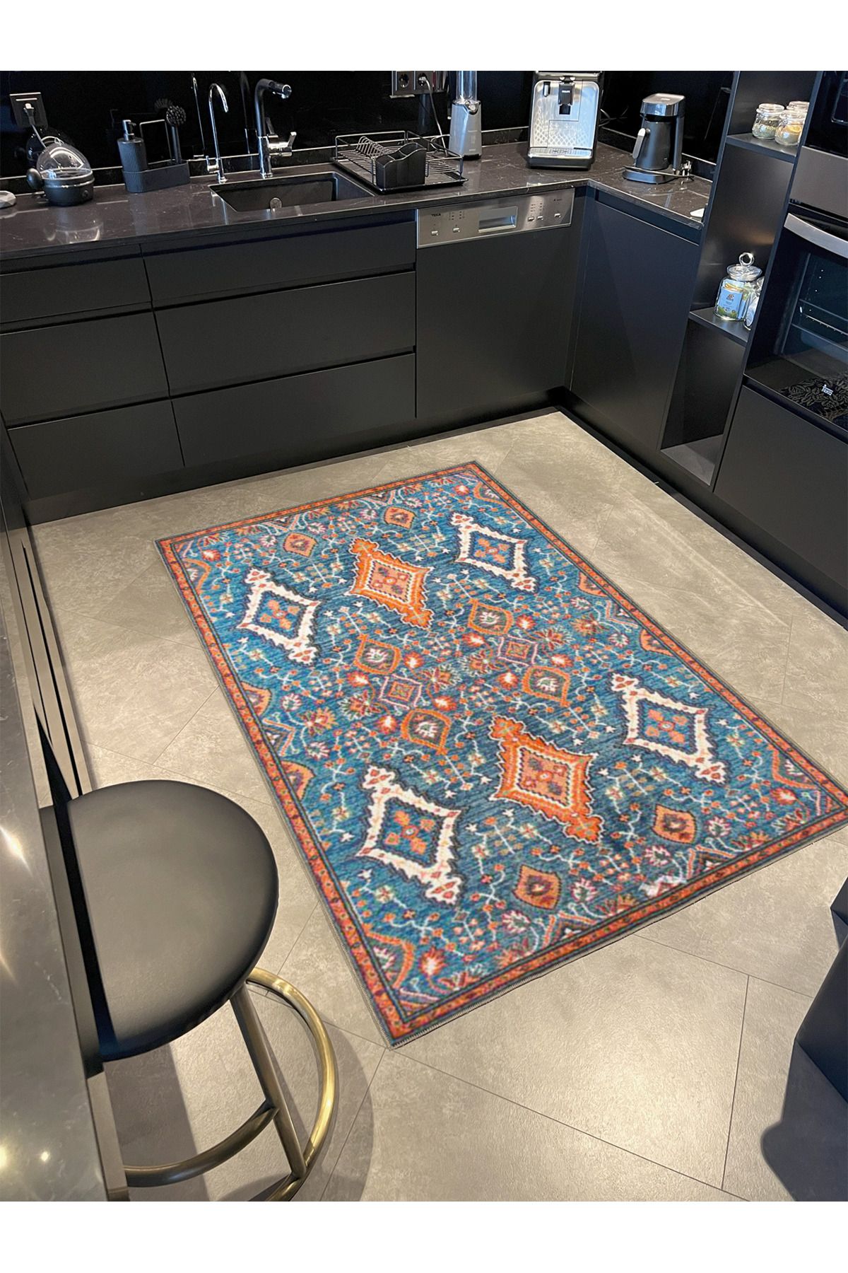 Mavi Bej Temalı Geleneksel Motif Etnik Desenli Vintage Dekoratif Halı 3636