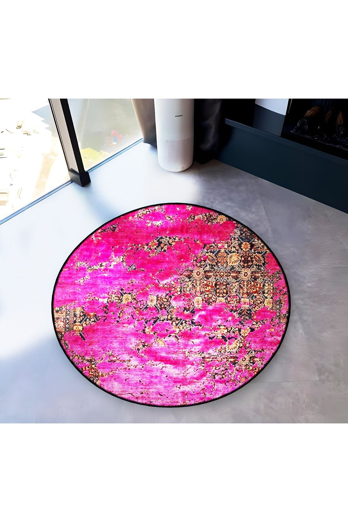 Pembe Temalı Motifli Soyut Desenli Yuvarlak Dokuma Taban Vintage Dekoratif Halı 6178