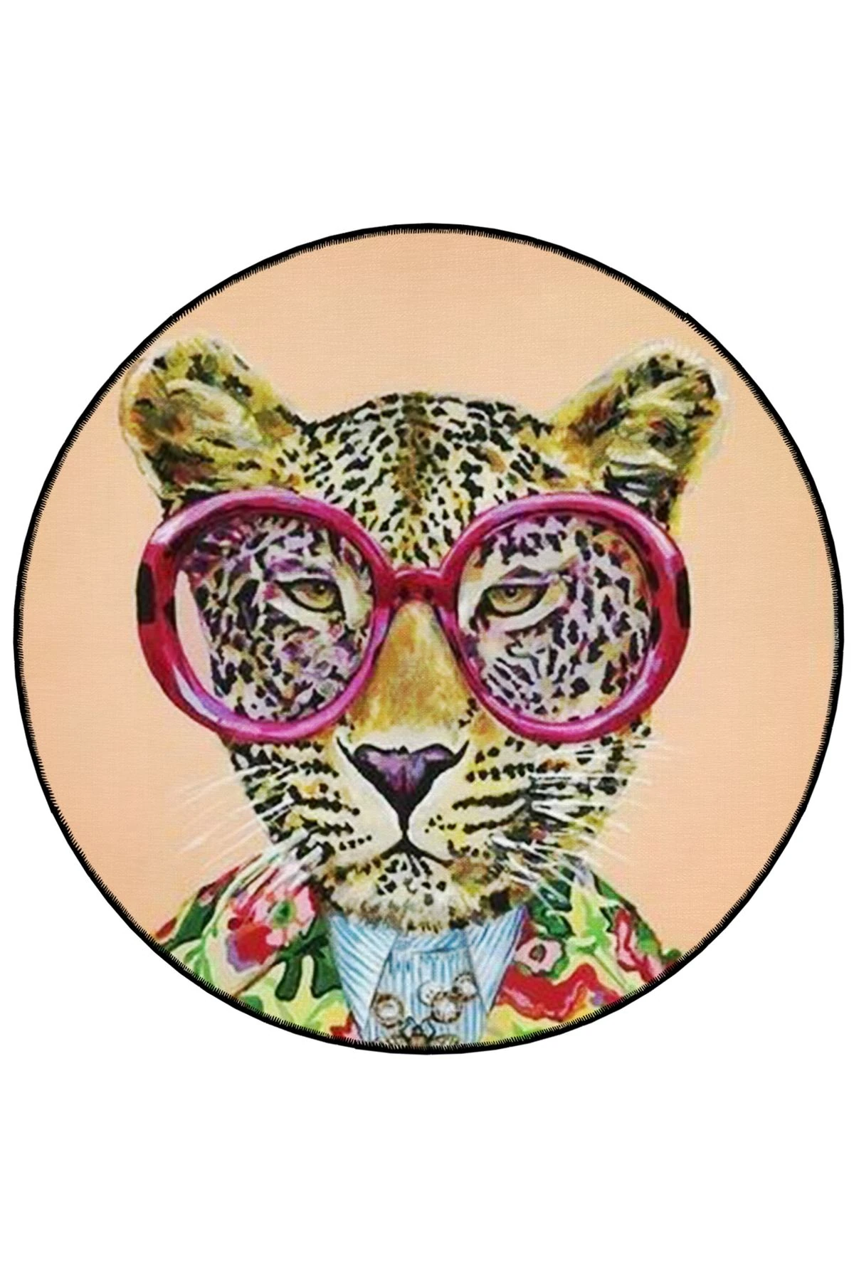 Mira Yuvarlak Pembe Gözlüklü Kaplan Detaylı Dokuma Taban Modern Dekoratif Halı 5539