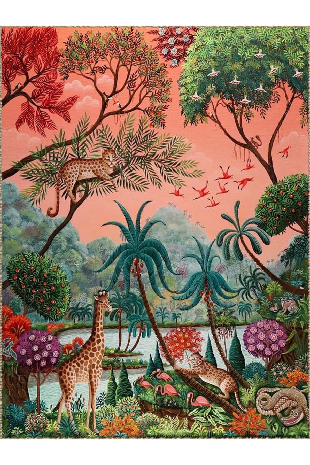 Emre Koleksiyonu Doğa Temalı Göl Ağaç Zürafa ve Leopar Desenli Dokuma Taban Modern Dekoratif Halı 38