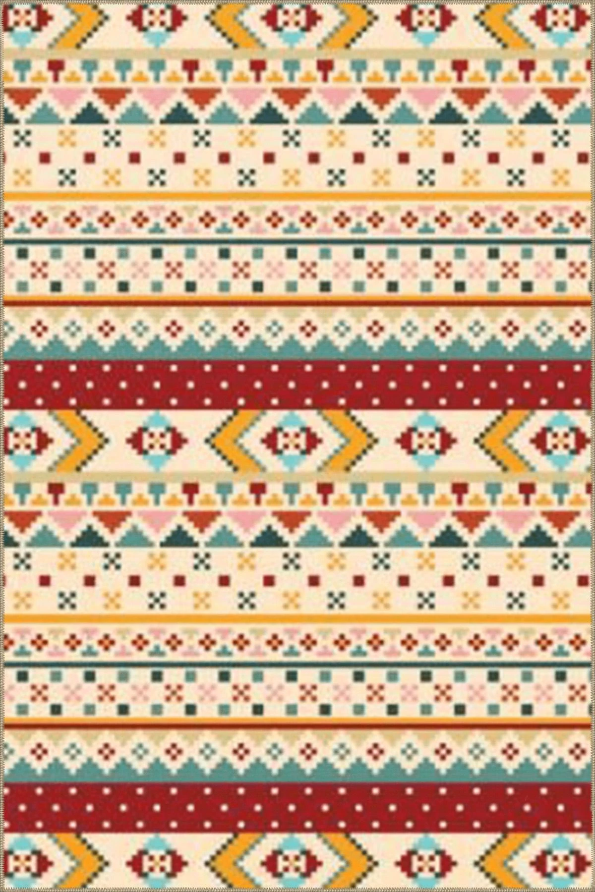 Bej Temalı Çok Renkli Motifli Etnik Figür Desenli Vintage Dekoratif Halı 4667