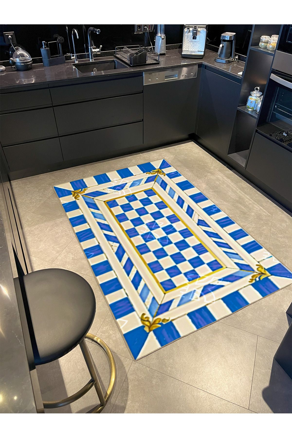 İçe Dönük Mavi Krem Geometrik Kareli Temalı Dokuma Taban ve Yıkanabilir Halı MYTH10