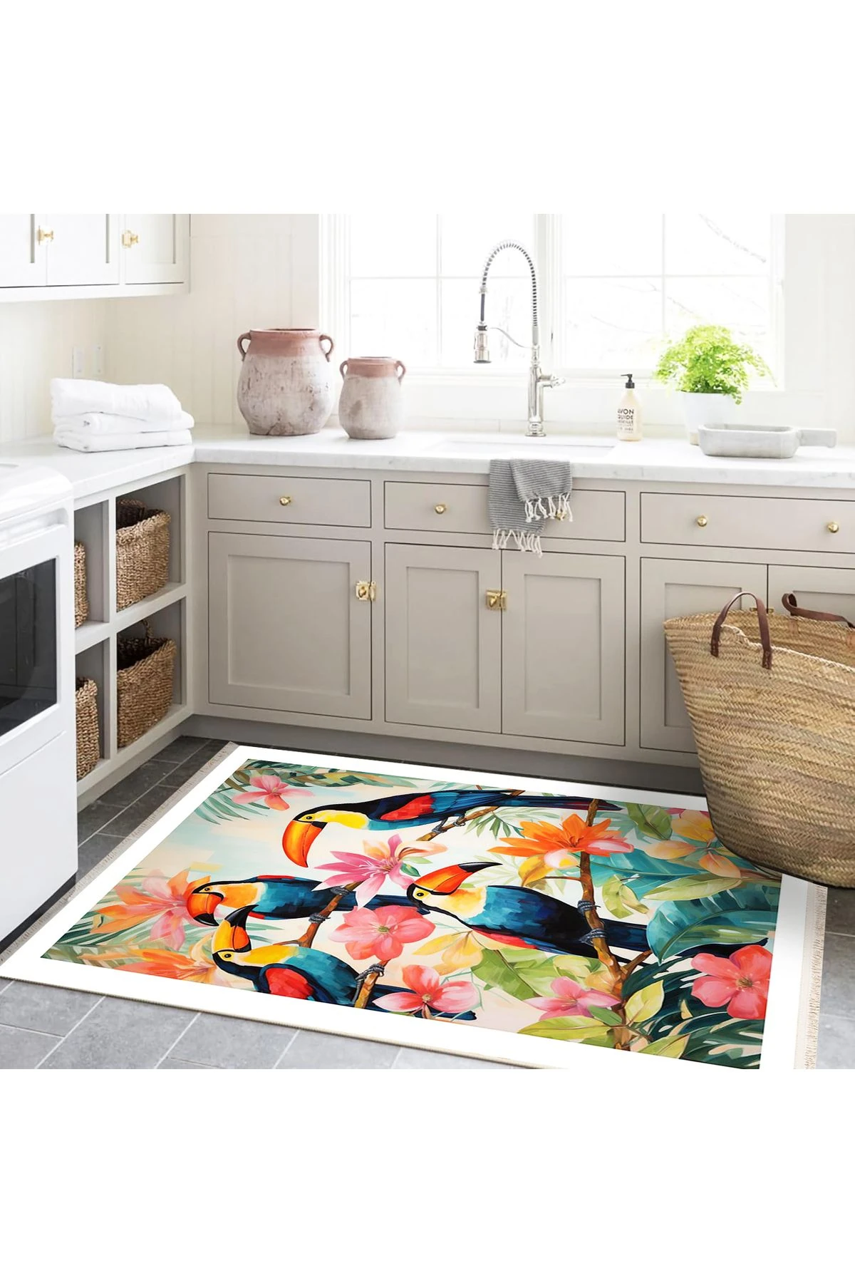 Özge Koleksiyonu Tropikal Çiçekler ve Papağanlar Desenli Dokuma Taban Modern Dekoratif Halı özge42