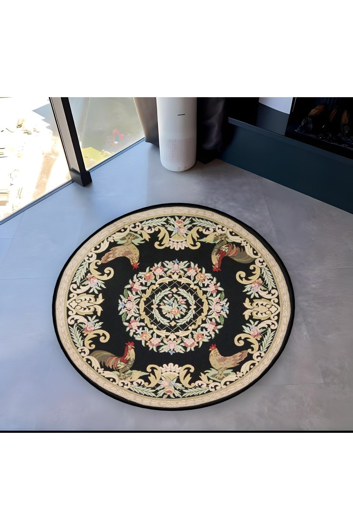 Siyah Tema Çiçek ve Tavuk Desenli Yuvarlak Dokuma Taban Vintage Dekoratif Halı 6107
