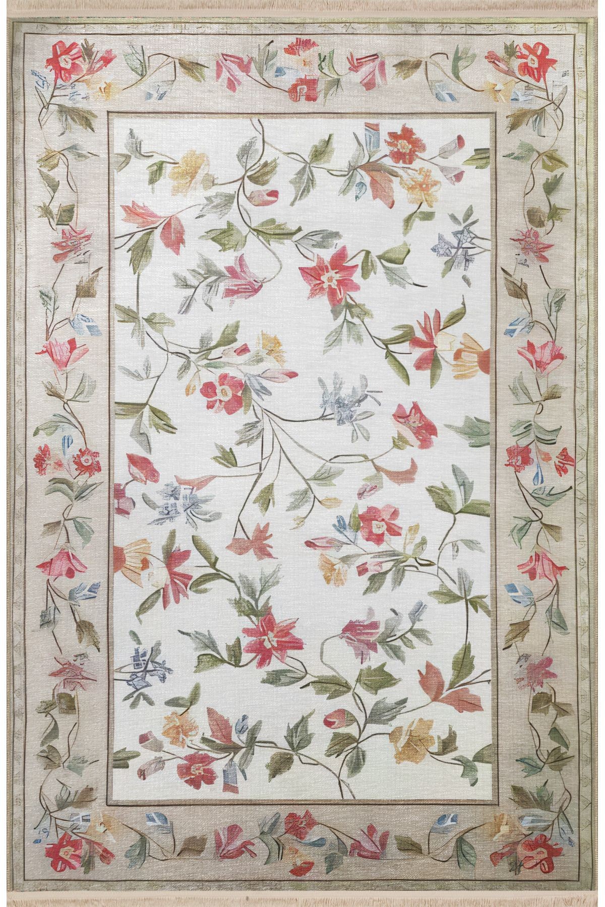 Pudra Bej Temalı Çok Renkli Çiçek Desenli Kreatif Vintage Dekoratif Halı 2562