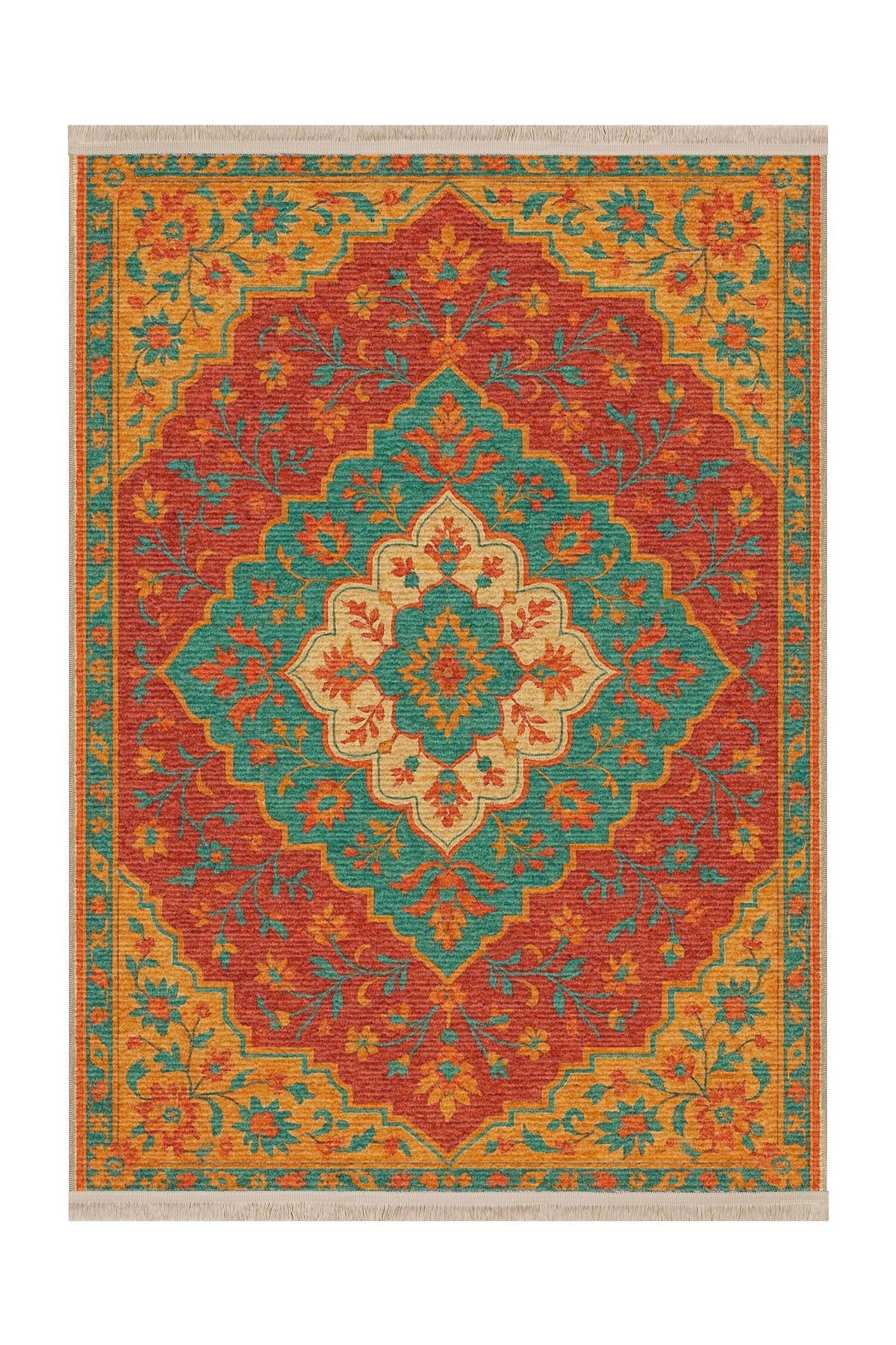 MOSSO Yeşil Turuncu Etnik Desenli Dokuma Taban Modern Dekoratif Halı mosso01