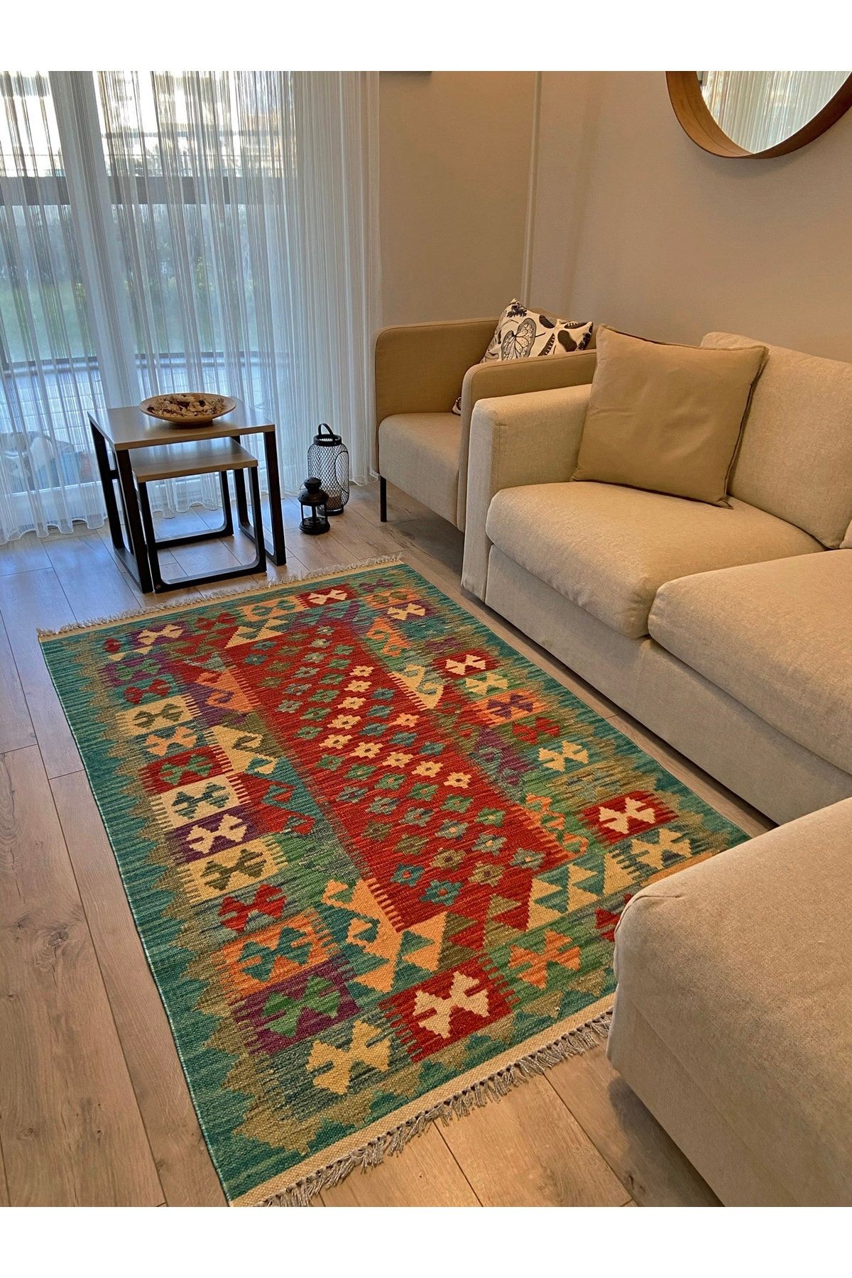 Desenli Yeşil Pamuklu Çok Renkli Otantik Ve Etnik Kilim 507