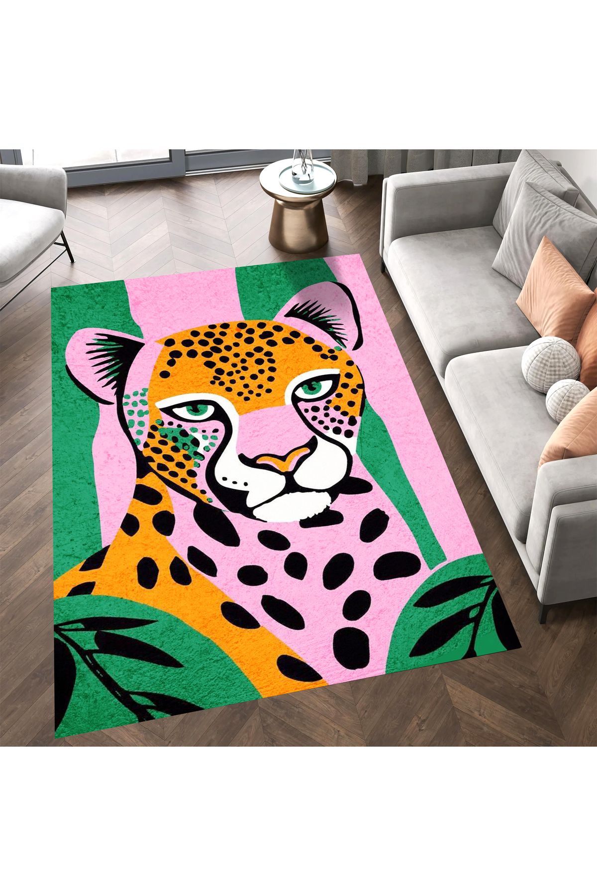 Kuzey Koleksiyonu Yeşil Pembe Leopar Dokuma Taban Dekoratif Halı kuzey22