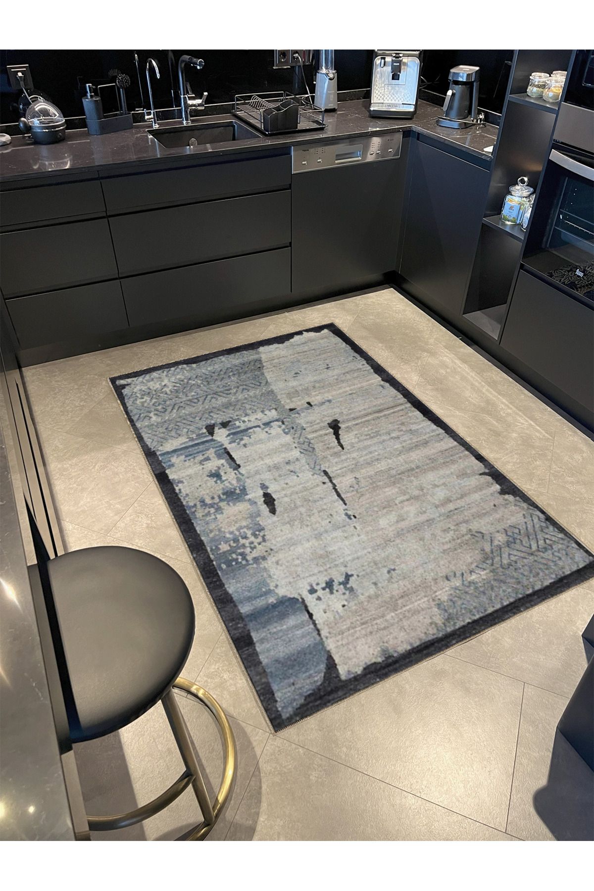 Gri Bej Temalı Soyut Abstract Desenli Kreatif Modern Dekoratif Halı 3890