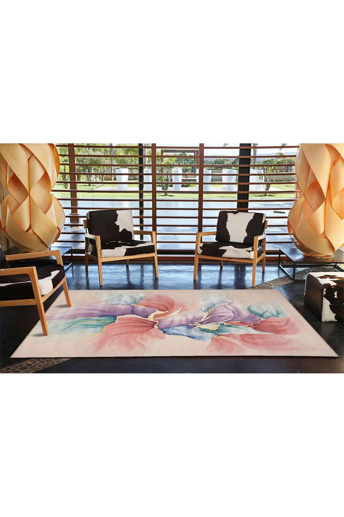 Pudra Temalı Çok Renkli Soyut Çiçek Yaprakları Desenli Modern Dekoratif Halı 4503