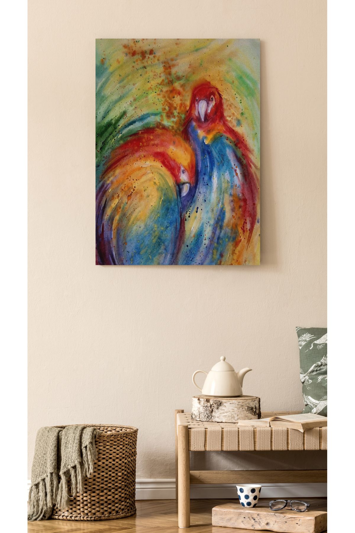 Kanvas Tablo Sulu Boyalı Papağan Hayvan Karışık Renkli Desenli Renkli Temalı Modern Tablo