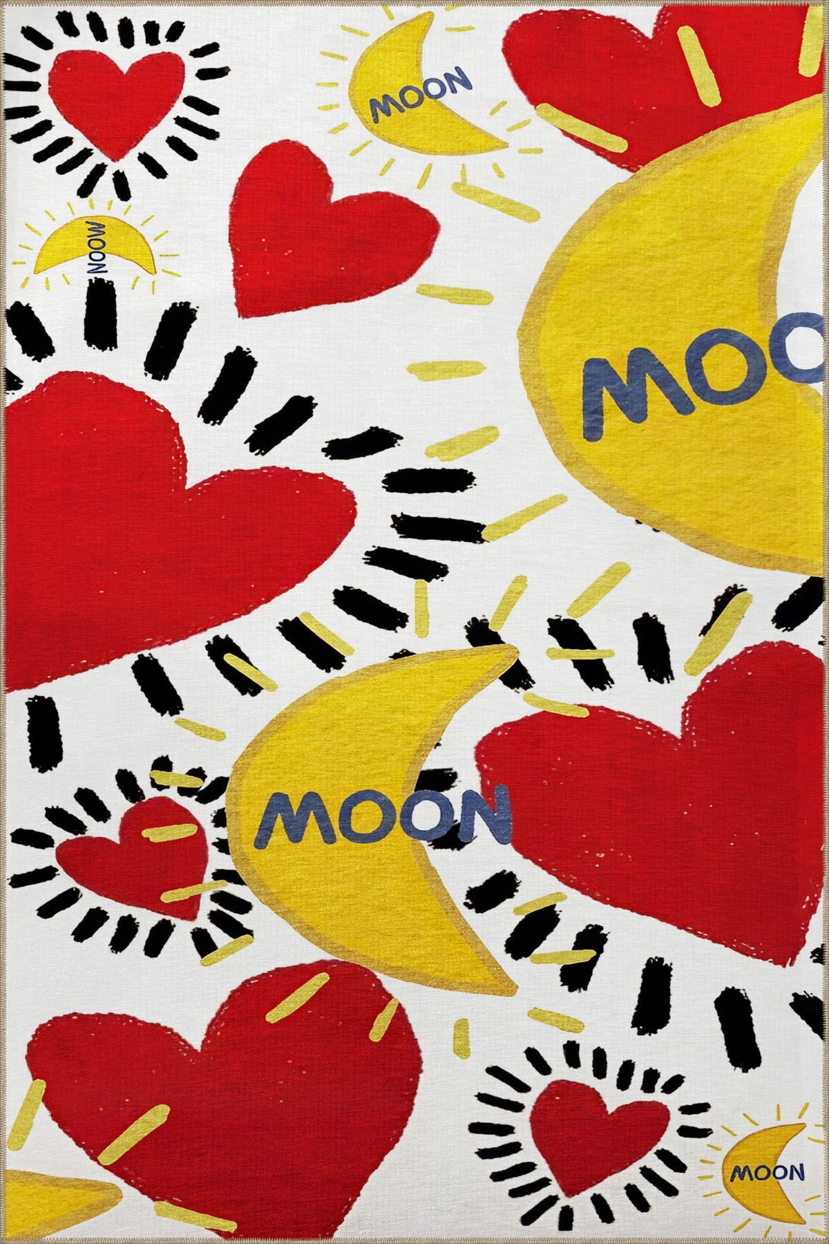 Çok Renkli Moon Yazılı Kırmızı Kalp Sarı Hilal Ay Desenli Modern Dekoratif Halı 2299